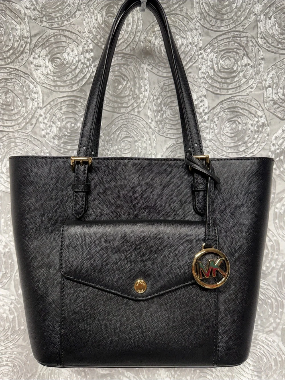 Michael Kors Black Saffiano Tote with Gold MK Charm
